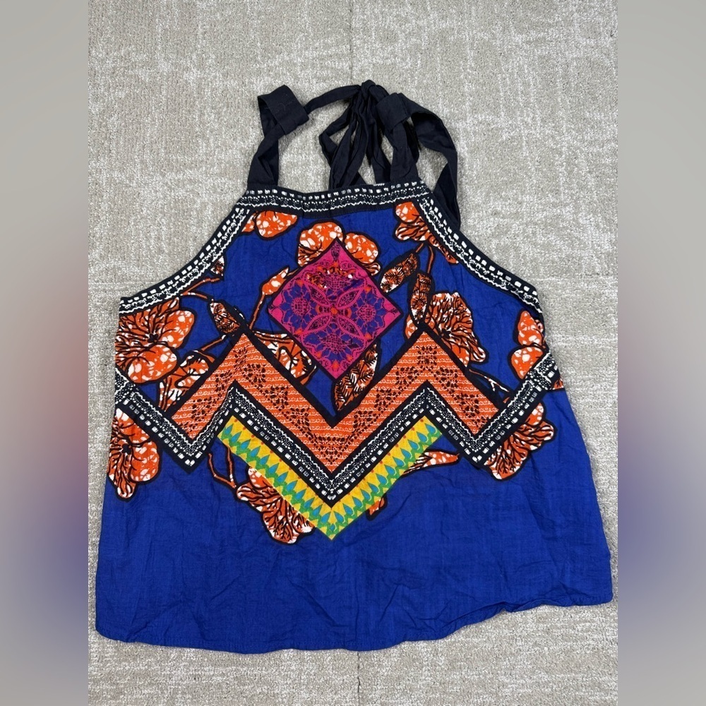 Free People Blue Boho 100% Cotton Printed Low Open Back Top Size L